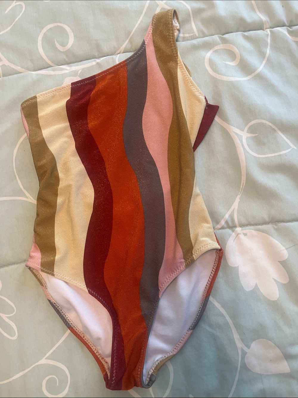 Zara One-Shoulder Striped Wave Swimsuit in Pink, Rust & Olive